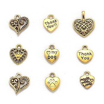 Tibetan Style Alloy Pendants, Heart, Mixed Style, Antique Golden, about 10~49mm wide, 12~52mm long, 1.5~16mm thick, hole: 1~5.5mm