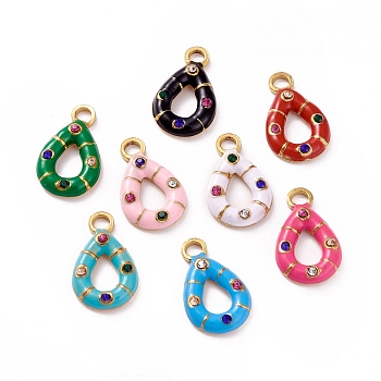 304 Stainless Steel Rhinestone Pendants, with Enamel, Golden, Teardrop Charm, Mixed Color, 16x10x3mm, Hole: 2.2mm