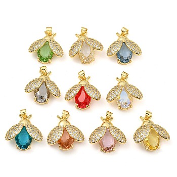 Rack Plating Brass Micro Pave Clear Cubic Zirconia Pendants, with Glass, Long-Lasting Plated, Cadmium Free & Lead Free, Ladybird Charms, Mixed Color, 23x22.5x9.5mm, Hole: 4x3.5mm