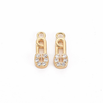 Brass Micro Pave Clear Cubic Zirconia Charms, Nickel Free, Safety Pin, Real 18K Gold Plated, 12.5x4x2mm, Hole: 1.4mm