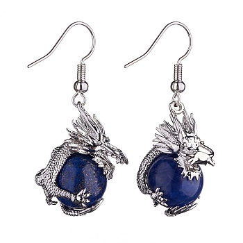 Natural Lapis Lazuli Dragon Dangle Earrings, Platinum Brass Jewelry for Women, 42mm, Pin: 0.6mm