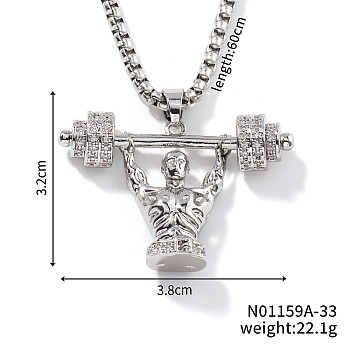 Cool Hip-hop High Street Fashion Brass Crystal Rhinestone Barbell Man Pendant Box Chain Necklaces, Platinum, 23.62 inch(60cm)