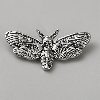 Gothic Alloy Lapel Pins for Backpack Clothes, Moth & Skull, Antique Silver, 26x51.5mm