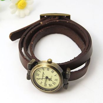 Fashion Triple Wrap Leather Watch Bracelets, with Alloy Watch Components, Antique Bronze, Coconut Brown, 610~620x9x6mm