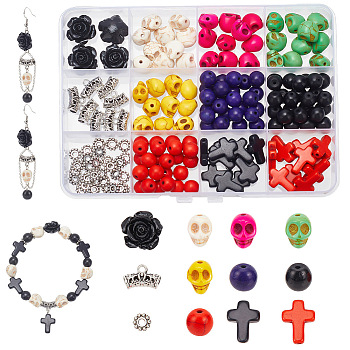 DIY Beads Jewelry Making Finding Kit, Including Synthetic Turquoise Beads, Alloy Tube Bails & Spacer Beads, Skull & Cross Flower, Mixed Color, 177Pcs/box