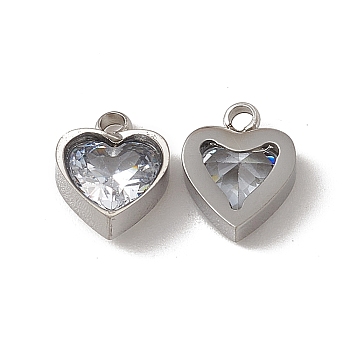 201 Stainless Steel Charms, Clear Glass Heart, Stainless Steel Color, 9x7.5x3mm, Hole: 1.5mm