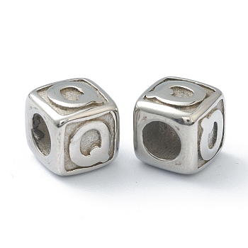 304 Stainless Steel European Beads, Large Hole Beads, Horizontal Hole, Cube with Letter, Stainless Steel Color, Letter.Q, 8x8x8mm, Hole: 4mm