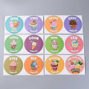 1~12 Months Number Themes Baby Milestone Stickers, Month Stickers for Baby Girl, Ice Cream Pattern, 10cm, 12pcs/Set