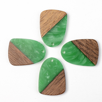 Opaque Resin & Walnut Wood Pendants, Teardrop, Green, 28x20x3mm, Hole: 2mm