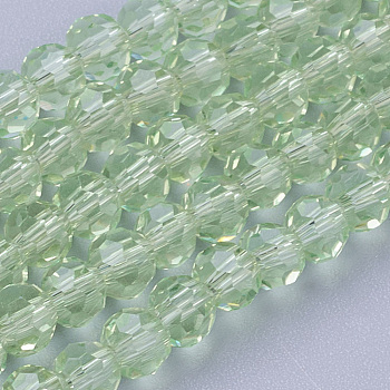 Faceted(32 Facets) Round Glass Beads Strands, Pale Green, 4mm, Hole: 1mm, about 98pcs/strand, 13.7 inch
