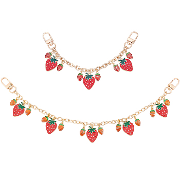 2Pcs 2 Styles Alloy Enamel Red Strawberry Charm Bag Decorative Chains, Golden, 214~360mm, 1pc/style