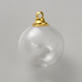 Glass Bottle Pendants, with Brass Findings, Round, Golden, 25x20mm, Hole: 1.8mm
