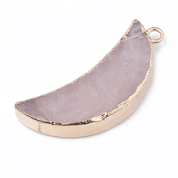 Electroplate Natural Rose Quartz Pendants, with Metal Findings, Moon, 45~46x20x4~7mm, Hole: 3mm