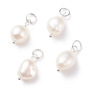 Grade B Natural Cultured Freshwater Pearl Charms, with 304 Stainless Steel Jump Rings, Polished Rice, Silver, 13.5~15x7~7.5x5~6mm, Hole: 3.6mm