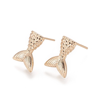 Brass Stud Earring Findings, with Loop, Fish Tail, Long-Lasting Plated, Nickel Free, Real 18K Gold Plated, 13x9.5x1.8mm, Hole: 1mm, Pin: 0.8mm