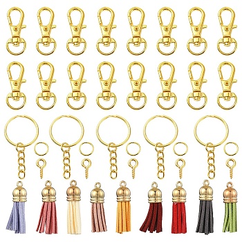 160Pcs 14 Styles Faux Suede Tassel Pendant Decorations, with CCB Plastic Cord Ends with Iron Split Key Ring with Alloy Swivel Lobster Claw Clasp with Eye Pin, Gold, 6~35x0.7~10mm, Hole: 2.5mm
