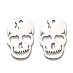 Non-Tarnish Halloween 304 Stainless Steel Pendants, Laser Cut, Skull Charm, Stainless Steel Color, 30x19.5x1mm, Hole: 2mm(STAS-B054-01P)