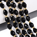 Natural Black Obsidian Beads Strands, Faceted, Oval, with Seed Beads, 8~9x6~8mm, Hole: 1~1.2mm, about 36~38pcs/strand, 14.96~15.35 inch(38~39cm)(G-N342-35-8x6-01)