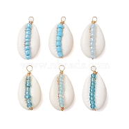 6Pcs 6 Styles Natural Cowrie Shell & Glass Seed Beads Pendants, Shell Shaped Charms, Light Blue, 29x16x10mm, Hole: 2mm, 1pc/style(PALLOY-JF02759-01)