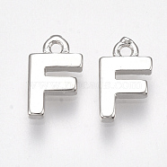 Brass Charms, Letter, Nickel Free, Real Platinum Plated, Letter.F, 8.5x5x1.5mm, Hole: 0.8mm(X-KK-S350-167F-P)