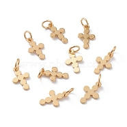 Brass Tiny Cross Charms, with Jump Rings, Long-Lasting Plated, Real 18K Gold Plated, 12x7.5x0.8mm, Jump Ring: 5x1mm, Inner Diameter: 3mm(KK-A149-07G)