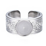 304 Stainless Steel Open Cuff Finger Ring Cabochon Settings, Flat Round, Stainless Steel Color, US Size 7 1/4(17.5mm), Tray: 8mm(X-STAS-T060-05P)