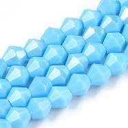 Opaque Solid Color Electroplate Glass Beads Strands, Pearl Luster Plated, Faceted, Bicone, Light Sky Blue, 6x5.5mm, Hole: 1mm, about 45~47pcs/strand, 9.65~9.84 inch(24.5~25cm)(EGLA-A039-P6mm-A12)