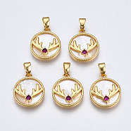 Brass Micro Pave Cubic Zirconia Charms, with White Sea Shell, Nickel Free, Flat Round with Deer Antler, Real 18K Gold Plated, 15x13x3.5mm, Hole: 2x4mm(KK-Q277-018-NF)