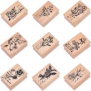 Wooden Stamps, Rectangle with Plants, BurlyWood, 4x2.7x2.5cm, 1pc/pattern, 9pcs/set(AJEW-NB0001-25)