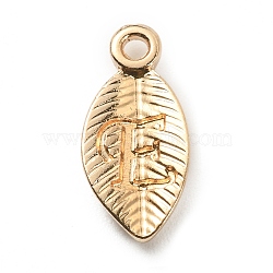 Alloy Pendants, Leaf with Letter Charm, Light Gold, Letter.E, 15.5x7.5x2.5mm, Hole: 1.5mm(FIND-TAC0011-69E-KCG)