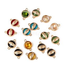 Glass Links connectors, with Light Gold Plated Alloy Findings, Flat Round with Virgin Mary, Mixed Color, 13.5x19.5x5.5mm, Hole: 1.6mm(X-GLAA-T015-11-M)