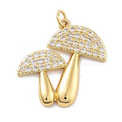 Rack Plating Brass Micro Pave Cubic Zirconia Pendants, Long-Lasting Plated, Lead Free & Cadmium Free, Mushroom, Clear, 26x26x2.8mm, Hole: 3mm(KK-Z071-82G-02)