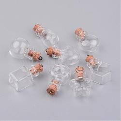 Glass Bottle Pendants, with Wood Cork Stopper, Mixed Shapes, Clear, 32.5~34.5x15~22x11~20mm, Hole: 1.5mm, Bottle Capacity: 1~2.5ml(0.03~0.08 fl. oz)(PALLOY-JF00247)