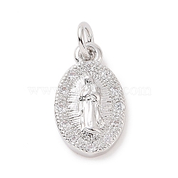 Brass Micro Pave Cubic Zirconia Charms, with Jump Ring, Oval with Religion Virgin Mary Charm, Platinum, 14.5x8.5x2.5mm, Hole: 2.8mm(KK-C012-06P)