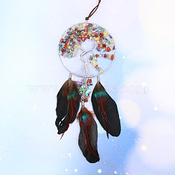 Woven Net/Web with Feather Gemstone Chips Pendant Decorations, with Wire Wrapped Flat Round with Tree of Life, for Home, Car Interior Ornaments, Black, 200~250mm(TREE-PW0003-03A)