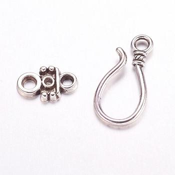 Tibetan Style Hook and Eye Clasps, Lead Free, Cadmium Free and Nickel Free, Bowknot, Antique Silver Color, 24x11x14mm, Hole: 3.5mm