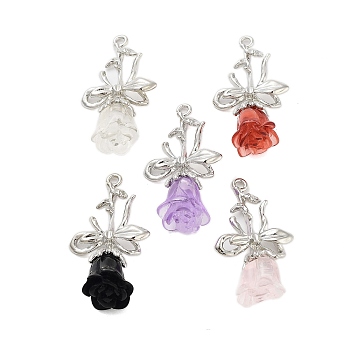 Rack Plating Alloy Resin Pendants, Rose Flower with Bowknot Charms, Platinum, Mixed Color, 38x21.5x11.5mm, Hole: 2mm