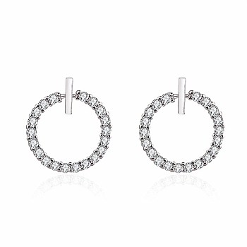 Brass Micro Pave Clear Cubic Zirconia Stud Earrings, Round, Platinum, 13x3mm, Pin: 0.5mm