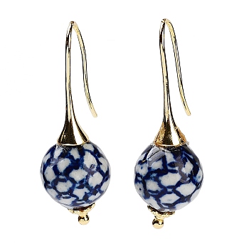 Round Porcelain Dangle Earrings, Rack Plating Brass Earrings for Women, Golden, 43.5~44.5x14~15mm