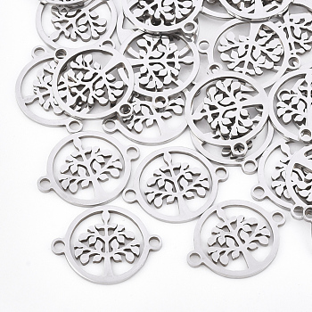 201 Stainless Steel Links connectors, Laser Cut Links, Flat Round with Tree of Life, Stainless Steel Color, 15x19x1mm, Hole: 1.8mm
