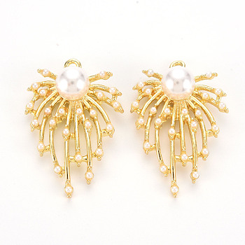 Rack Plating Alloy Pendants, with ABS Plastic Imitation Pearl Beads, Leaf, Light Gold, 33.5x22.5x9mm, Hole: 1.8mm