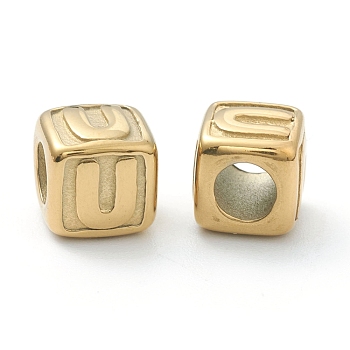 304 Stainless Steel European Beads, Large Hole Beads, Horizontal Hole, Cube with Letter, Golden, Letter.U, 8x8x8mm, Hole: 4mm