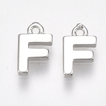 Brass Charms, Letter, Nickel Free, Real Platinum Plated, Letter.F, 8.5x5x1.5mm, Hole: 0.8mm