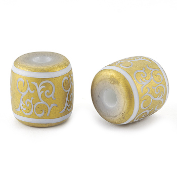 Electroplate Glass Beads, Frosted, Barrel with Vine Pattern, Golden Plated, 12x11.5mm, Hole: 3mm, 100pcs/bag