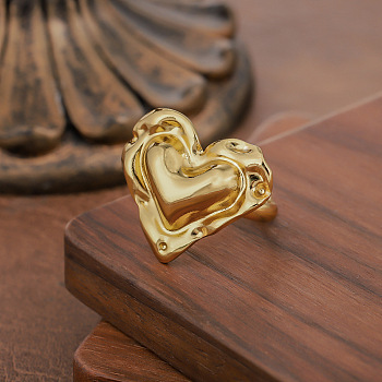 304 Stainless Steel Textured Finger Rings, Heart, Golden, 20mm