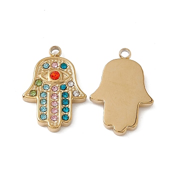 Vacuum Plating 201 Stainless Steel Rhinestone Pendants, Real 18K Gold Plated, Hamsa Hand/Hand of Miriam Charms, Colorful, 17.5x12x2.5mm, Hole: 1.4mm