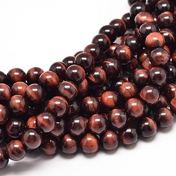 Natural Red Tiger Eye Bead Strands, Dyed & Heated, Grade A, Round, 6mm, Hole: 1mm, about 62pcs/strand, 15 inch