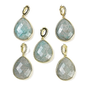 Natural Amazonite Faceted Teardrop Pendants, Rack Plating Brass Micro Pave Clear Cubic Zirconia Charms, Golden, 27x20x6.5mm, Hole: 6.5x4.5mm