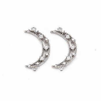 Brass Micro Pave Clear Cubic Zirconia Connector Charms, Nickel Free, Moon, Real Platinum Plated, 13x24x2mm, Hole: 1mm