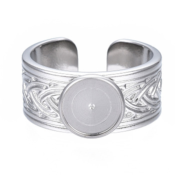 304 Stainless Steel Open Cuff Finger Ring Cabochon Settings, Flat Round, Stainless Steel Color, US Size 7 1/4(17.5mm), Tray: 8mm